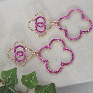 Gold and Fuschia Pink Crystal Clover Flower Drop Earrings